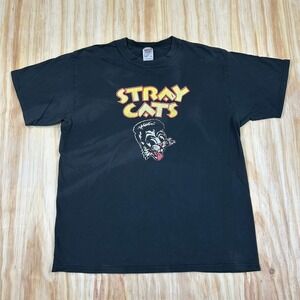 VTG 00s The Stray Cats Rockabilly American Tour Y2K Black T Shirt Size L Faded
